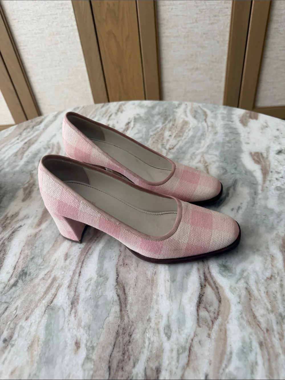 Mansur Gavriel Pink and Cream Plaid Block Heel Pumps